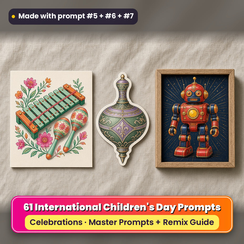 International Children's Day prompt pack: 61 master prompts + Remix Guide, with a UV-printed greeting card, acrylic ornament and mug set made with prompts #5, #6 and #7