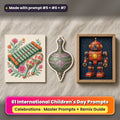 International Children's Day prompt pack: 61 master prompts + Remix Guide, with a UV-printed greeting card, acrylic ornament and mug set made with prompts #5, #6 and #7
