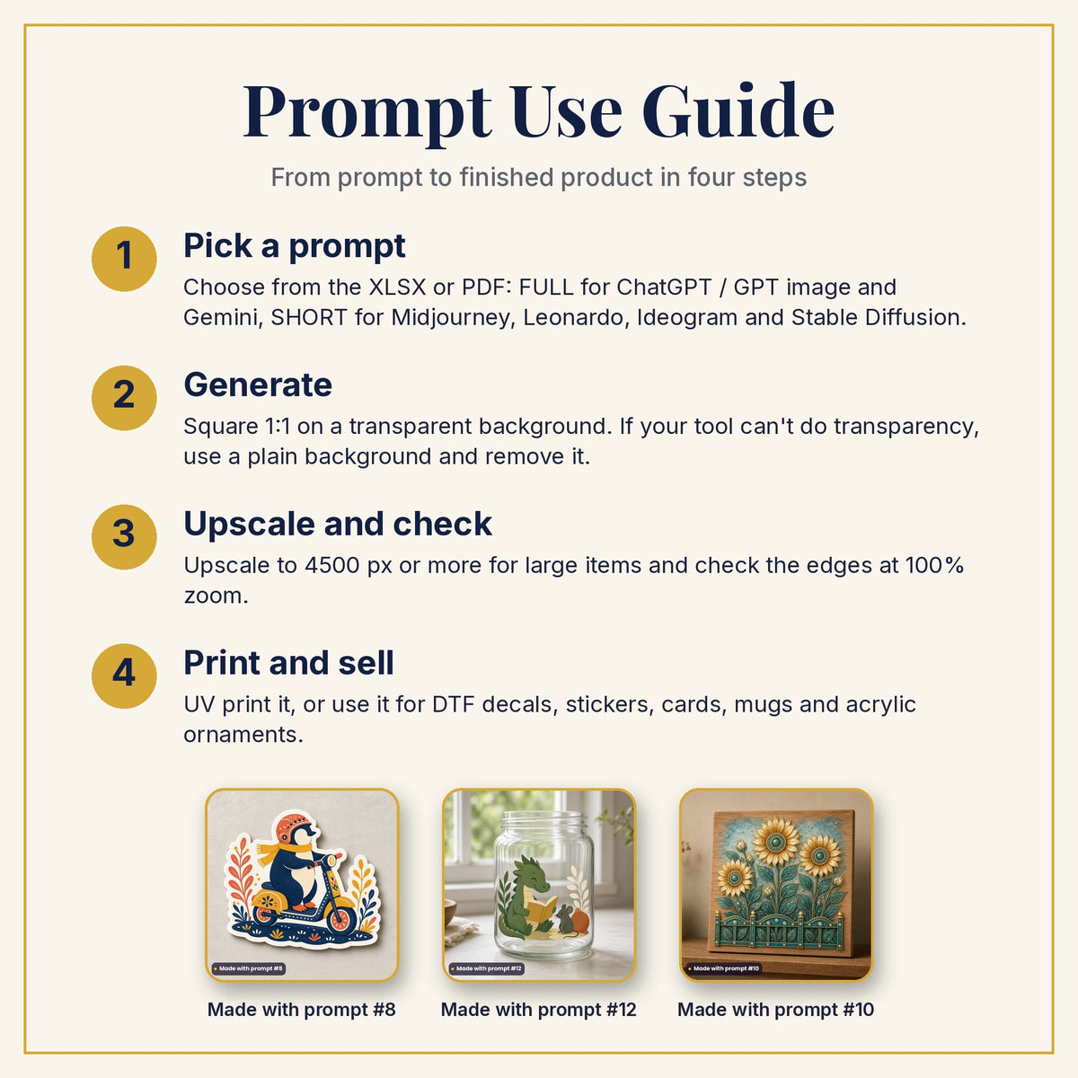 Prompt Use Guide: pick a prompt, generate, upscale and check, then print and sell, with example products made with prompts #8, #12 and #10