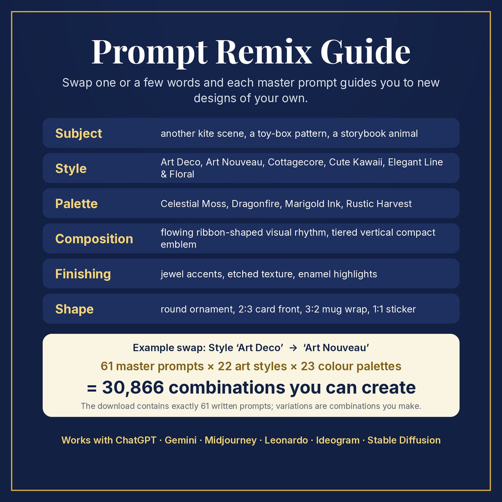 Prompt Remix Guide: swap subject, style, palette, composition, finishing and shape; 61 master prompts × 22 styles × 23 palettes = 30,866 combinations you can create