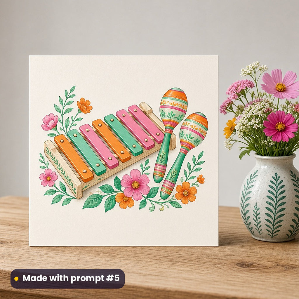 International Children's Day artwork printed on a flat-printed greeting card: toy xylophone and maracas, elegant line & floral style, made with prompt #5 from this pack