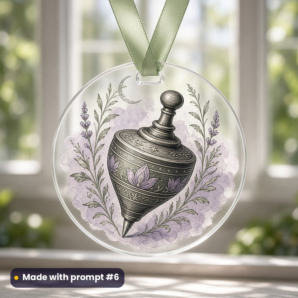 International Children's Day artwork printed on a UV-printed clear acrylic ornament: striped tin humming top mid-whirl, fantasy heraldic style, made with prompt #6 from this pack