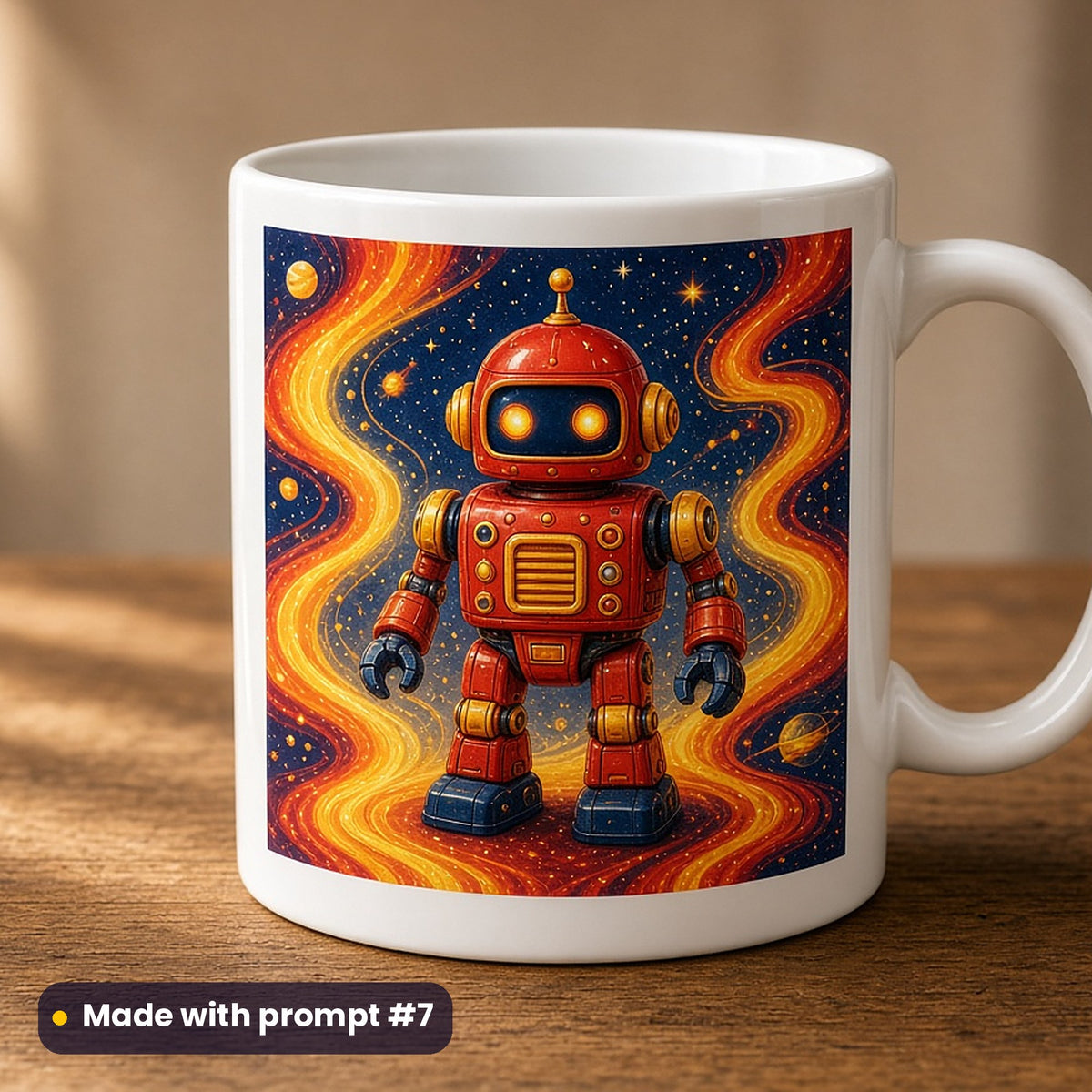 International Children's Day artwork printed on a UV-printed ceramic mug: tin toy robot of original design, fantasy luminous style, made with prompt #7 from this pack