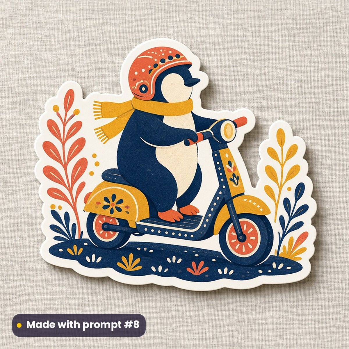 International Children's Day artwork printed on a die-cut vinyl sticker: cute penguin chick on a scooter, folk art style, made with prompt #8 from this pack
