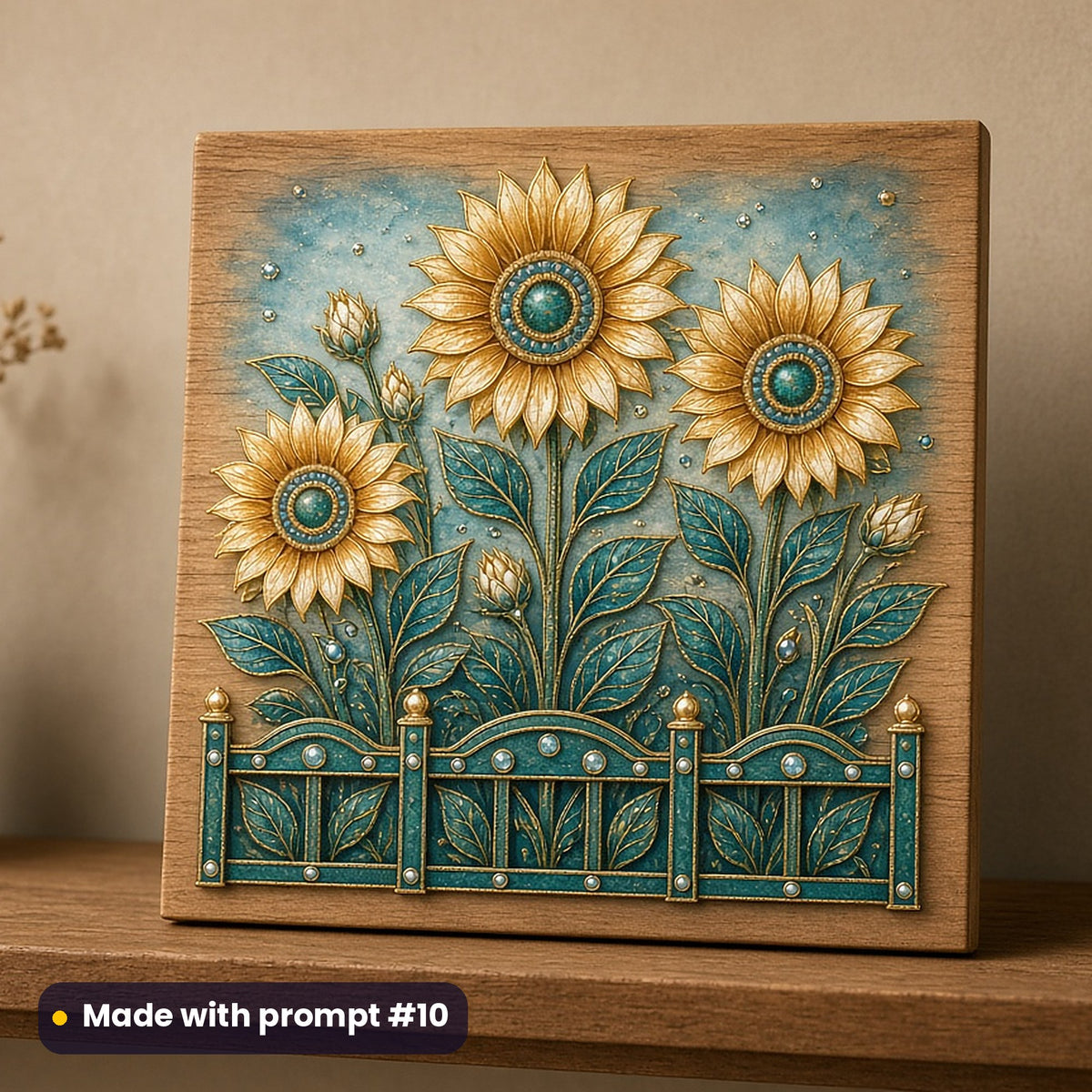 International Children's Day artwork printed on a UV-printed wooden plaque: sunflowers taller than a garden fence, luxury enamel & gemstone style, made with prompt #10 from this pack