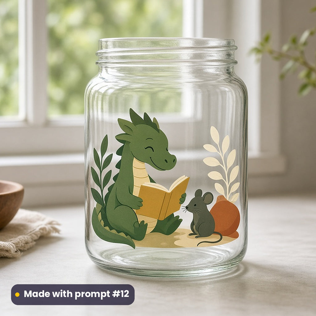 International Children's Day artwork printed on a UV DTF decal on glass: friendly dragon reading to a mouse, minimal bold graphic style, made with prompt #12 from this pack