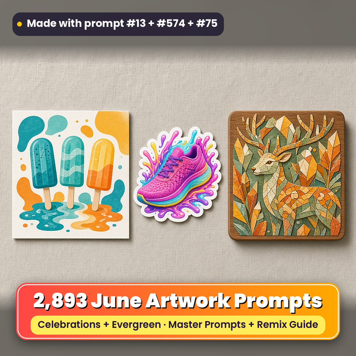 Complete June prompt library: 2,893 master prompts + Remix Guide, with a UV-printed greeting card, acrylic ornament and mug set made with prompts #13, #574 and #75