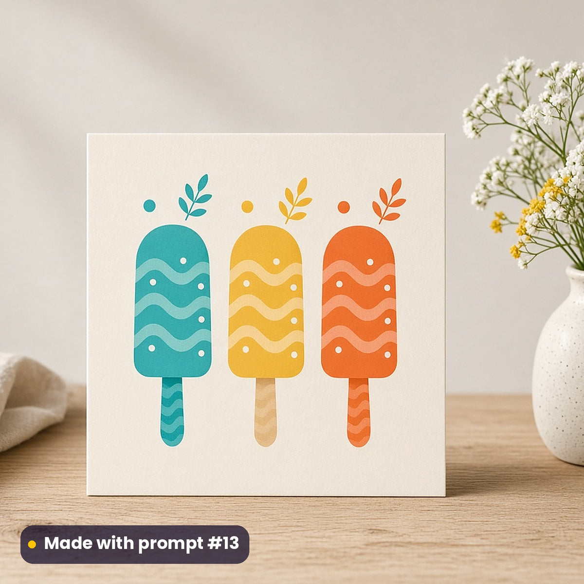 International Children's Day artwork printed on a flat-printed greeting card: ice lollies in rainbow colours, modern scandinavian style, made with prompt #13 from this pack