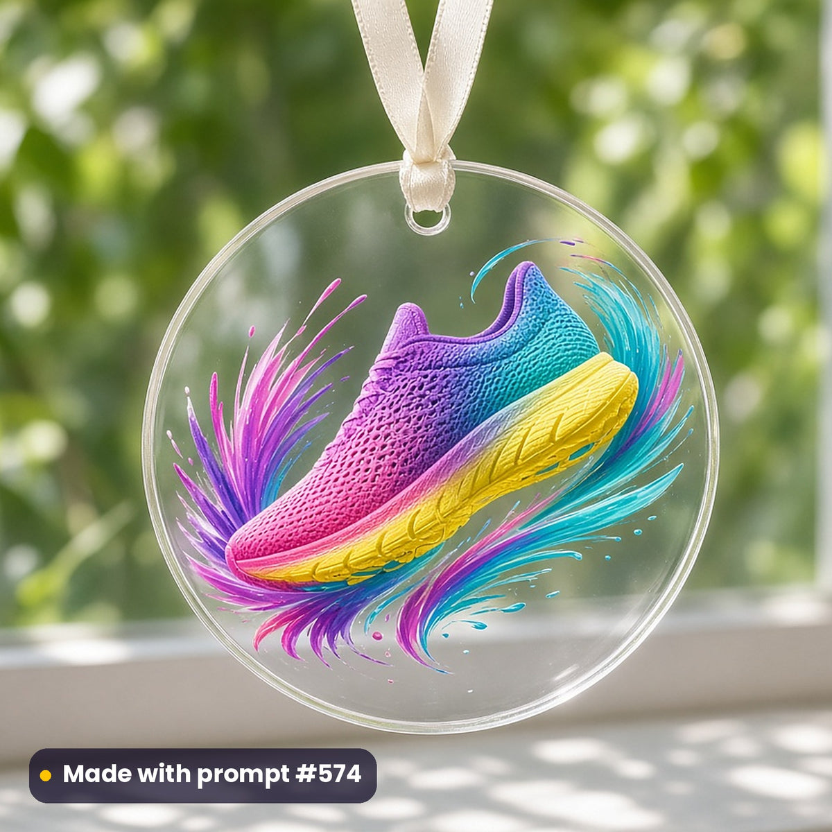 Sports & Hobbies artwork printed on a UV-printed clear acrylic ornament: runner shoe with energy strokes, premium sculpted 3d style, made with prompt #574 from this pack