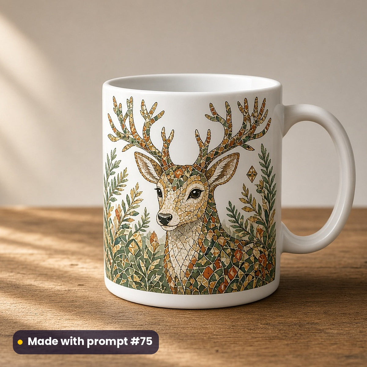 World Environment Day artwork printed on a UV-printed ceramic mug: forest guardian deer with branch antlers, mosaic jewel style, made with prompt #75 from this pack
