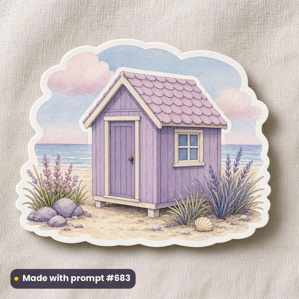 Travel & Coastal artwork printed on a die-cut vinyl sticker: beach hut illustration, cottagecore style, made with prompt #683 from this pack