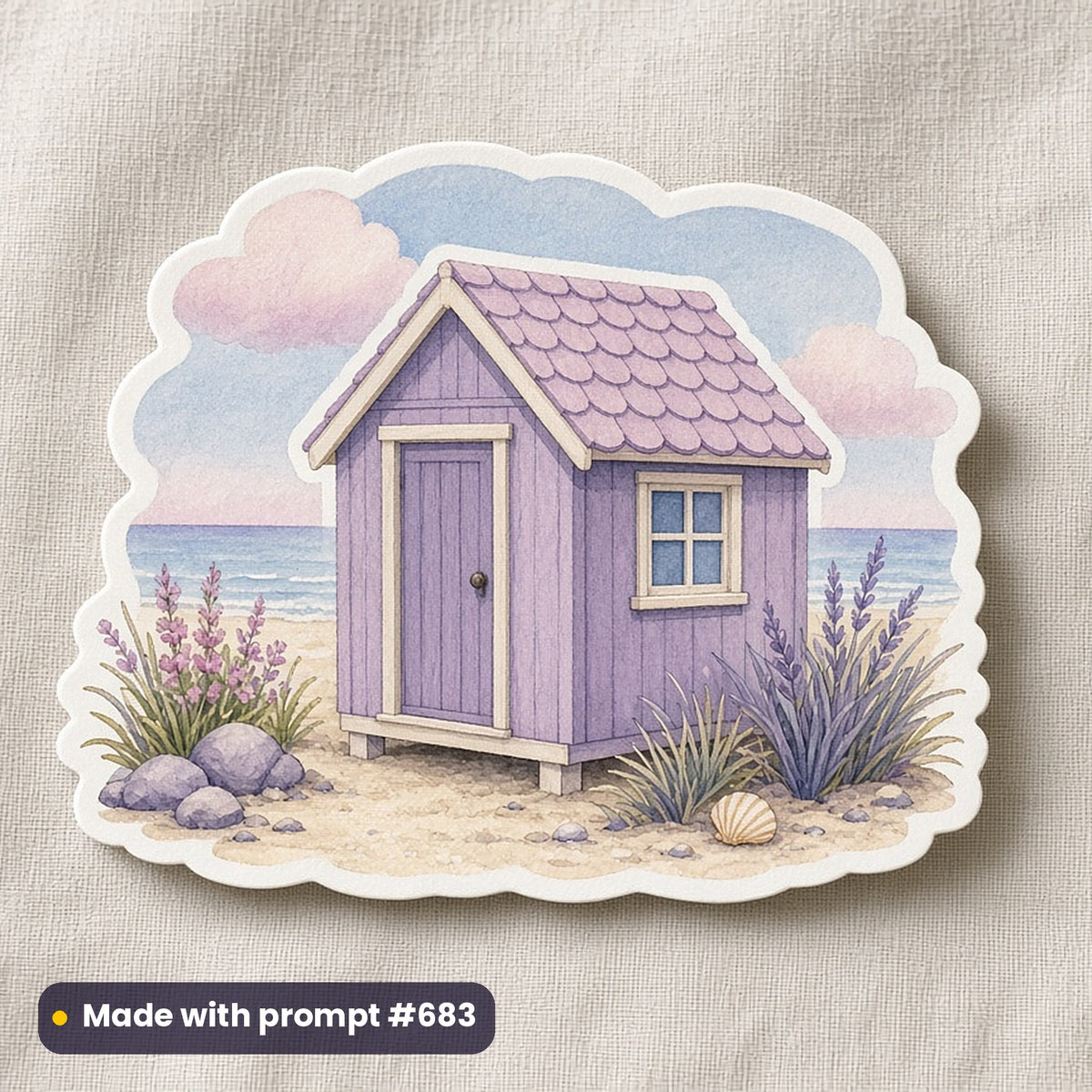 Travel & Coastal artwork printed on a die-cut vinyl sticker: beach hut illustration, cottagecore style, made with prompt #683 from this pack