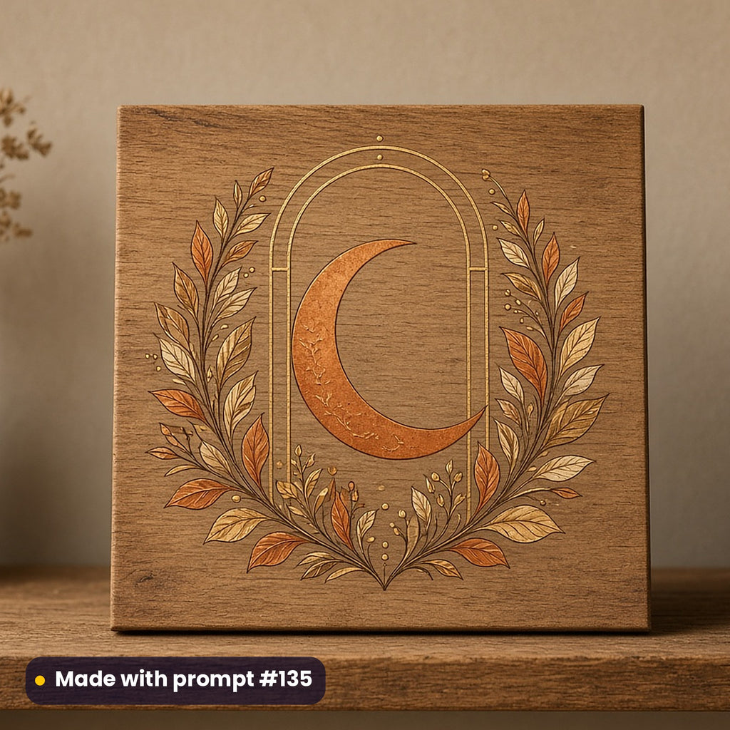Islamic New Year artwork printed on a UV-printed wooden plaque: crescent moon framed by geometric arches, elegant line & floral style, made with prompt #135 from this pack