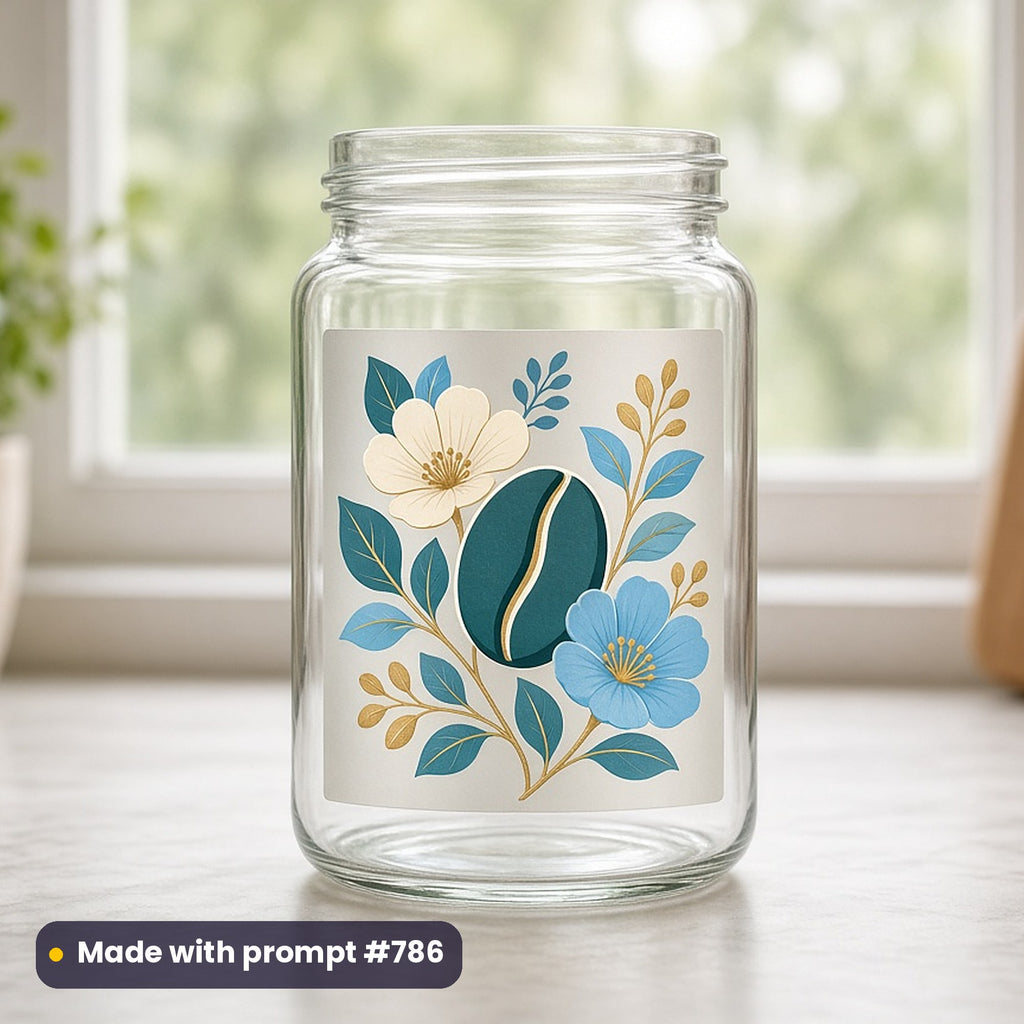 Food & Sweet Treats artwork printed on a UV DTF decal on glass: coffee bean and flower motif, minimal bold graphic style, made with prompt #786 from this pack