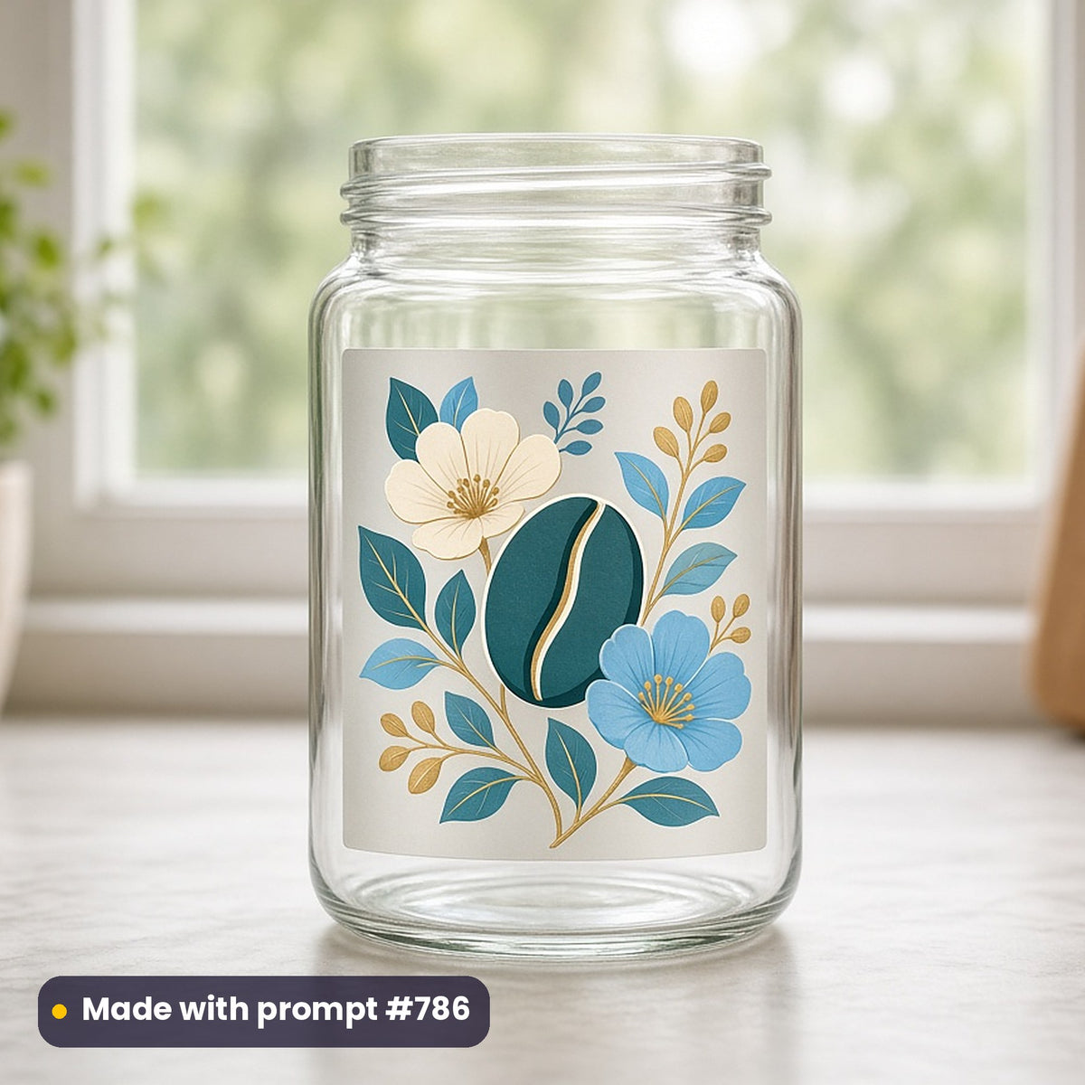 Food & Sweet Treats artwork printed on a UV DTF decal on glass: coffee bean and flower motif, minimal bold graphic style, made with prompt #786 from this pack