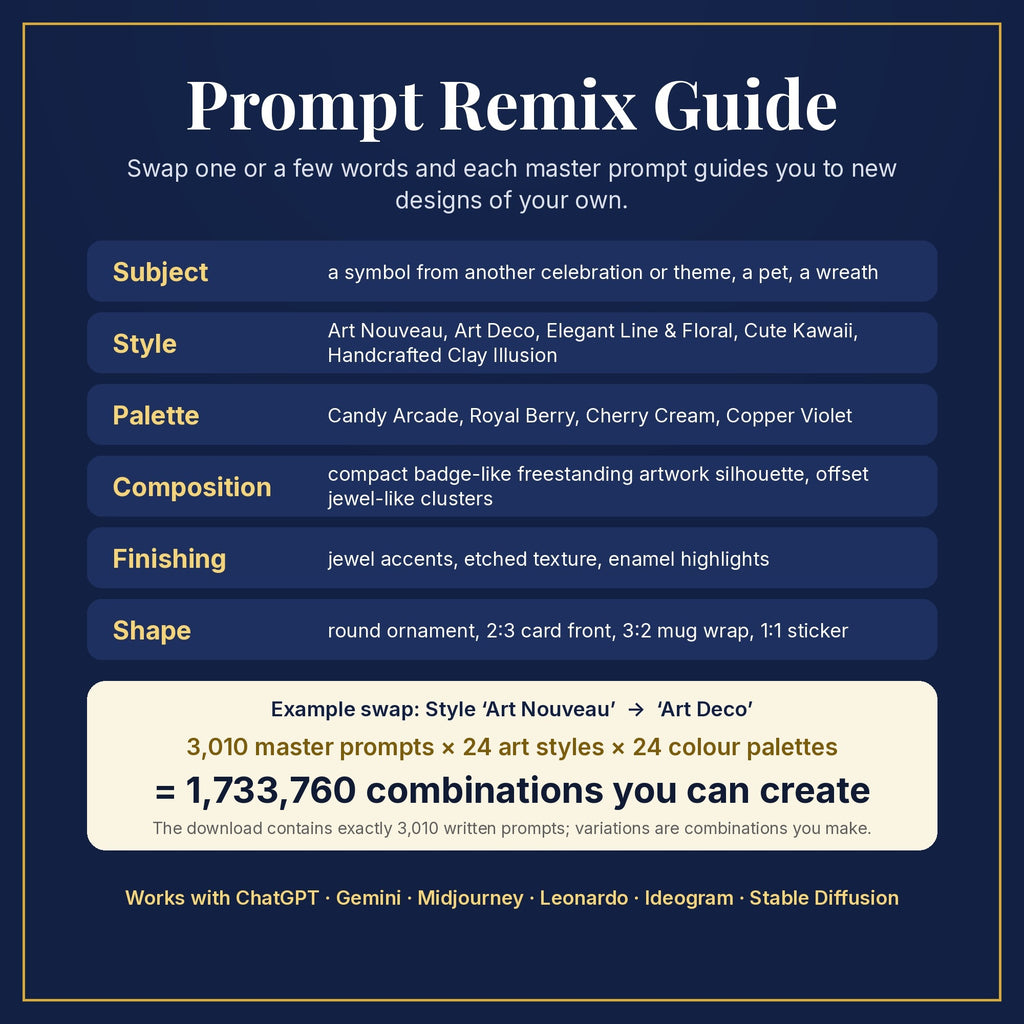 Prompt Remix Guide: swap subject, style, palette, composition, finishing and shape; 3,010 master prompts × 24 styles × 24 palettes = 1,733,760 combinations you can create