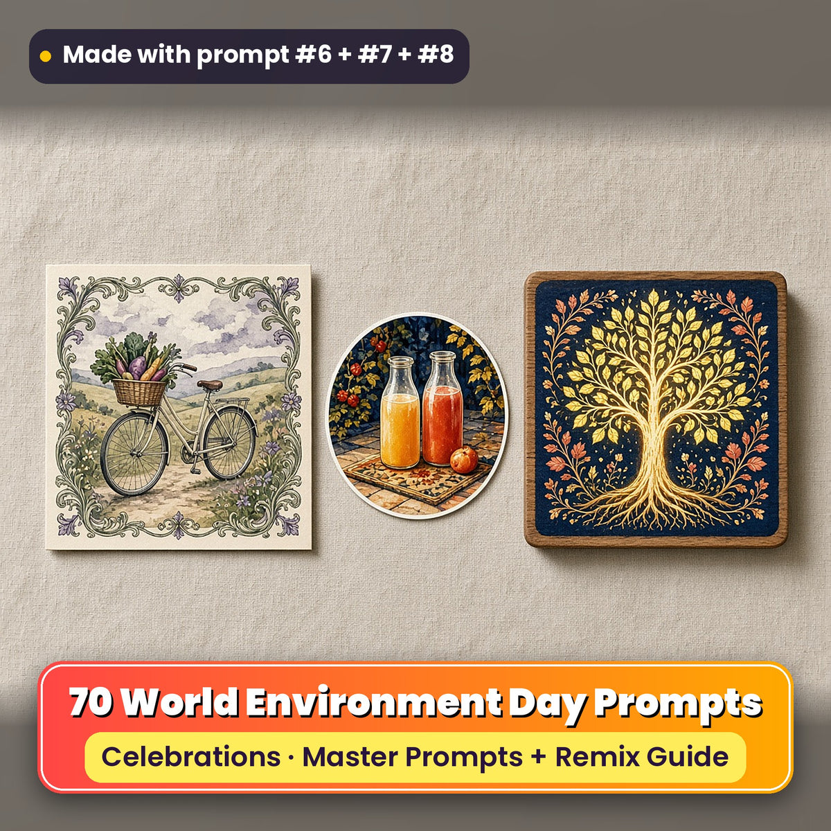 World Environment Day prompt pack: 70 master prompts + Remix Guide, with a UV-printed greeting card, acrylic ornament and mug set made with prompts #6, #7 and #8
