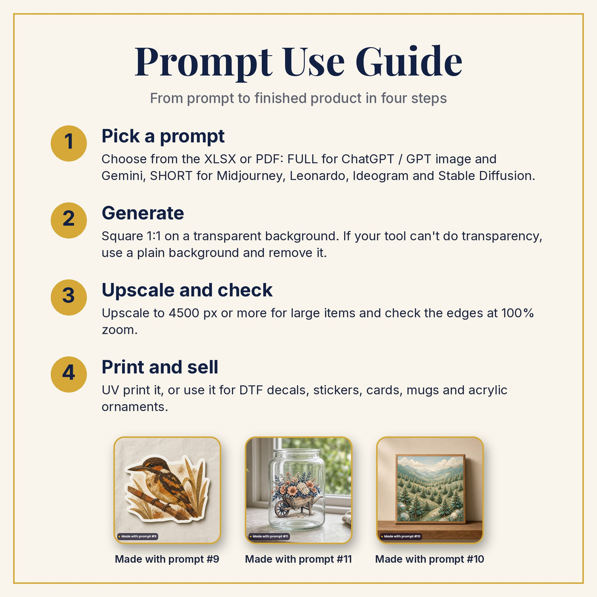 Prompt Use Guide: pick a prompt, generate, upscale and check, then print and sell, with example products made with prompts #9, #11 and #10
