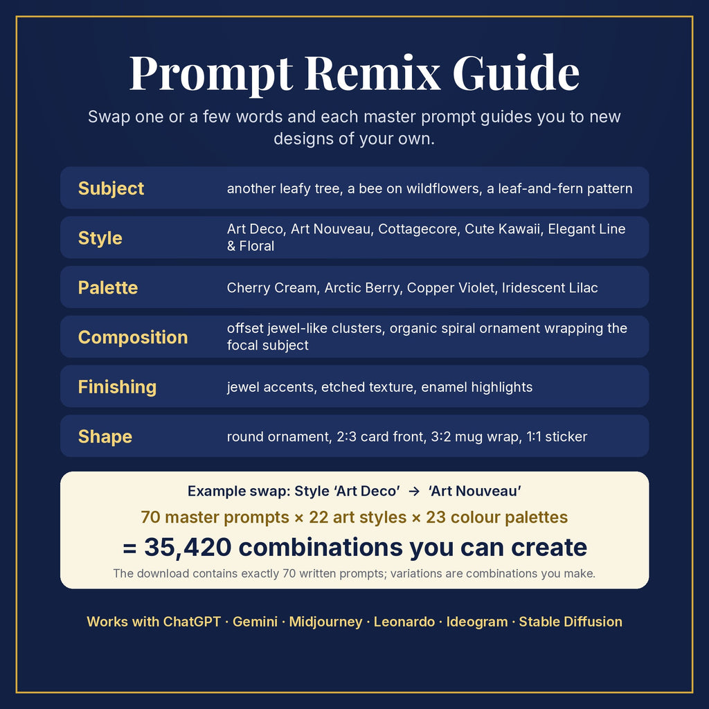 Prompt Remix Guide: swap subject, style, palette, composition, finishing and shape; 70 master prompts × 22 styles × 23 palettes = 35,420 combinations you can create
