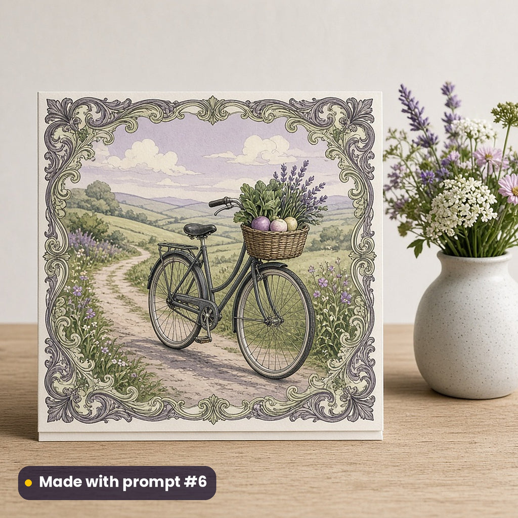 World Environment Day artwork printed on a flat-printed greeting card: bicycle with a basket of vegetables on a country lane, fantasy heraldic style, made with prompt #6 from this pack