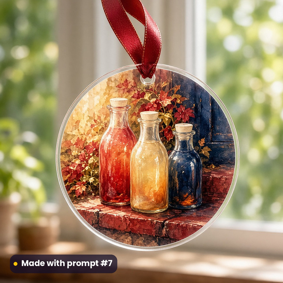 World Environment Day artwork printed on a UV-printed clear acrylic ornament: vintage glass milk bottles on a doorstep, fantasy luminous style, made with prompt #7 from this pack