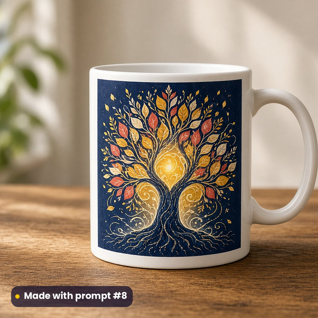 World Environment Day artwork printed on a UV-printed ceramic mug: tree spirit made of leaves and light, folk art style, made with prompt #8 from this pack