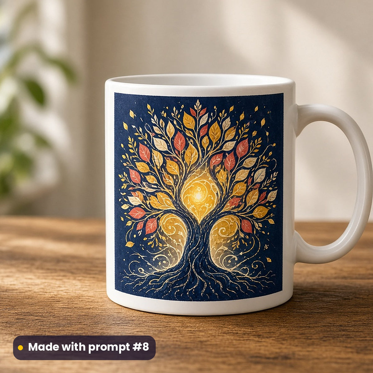 World Environment Day artwork printed on a UV-printed ceramic mug: tree spirit made of leaves and light, folk art style, made with prompt #8 from this pack