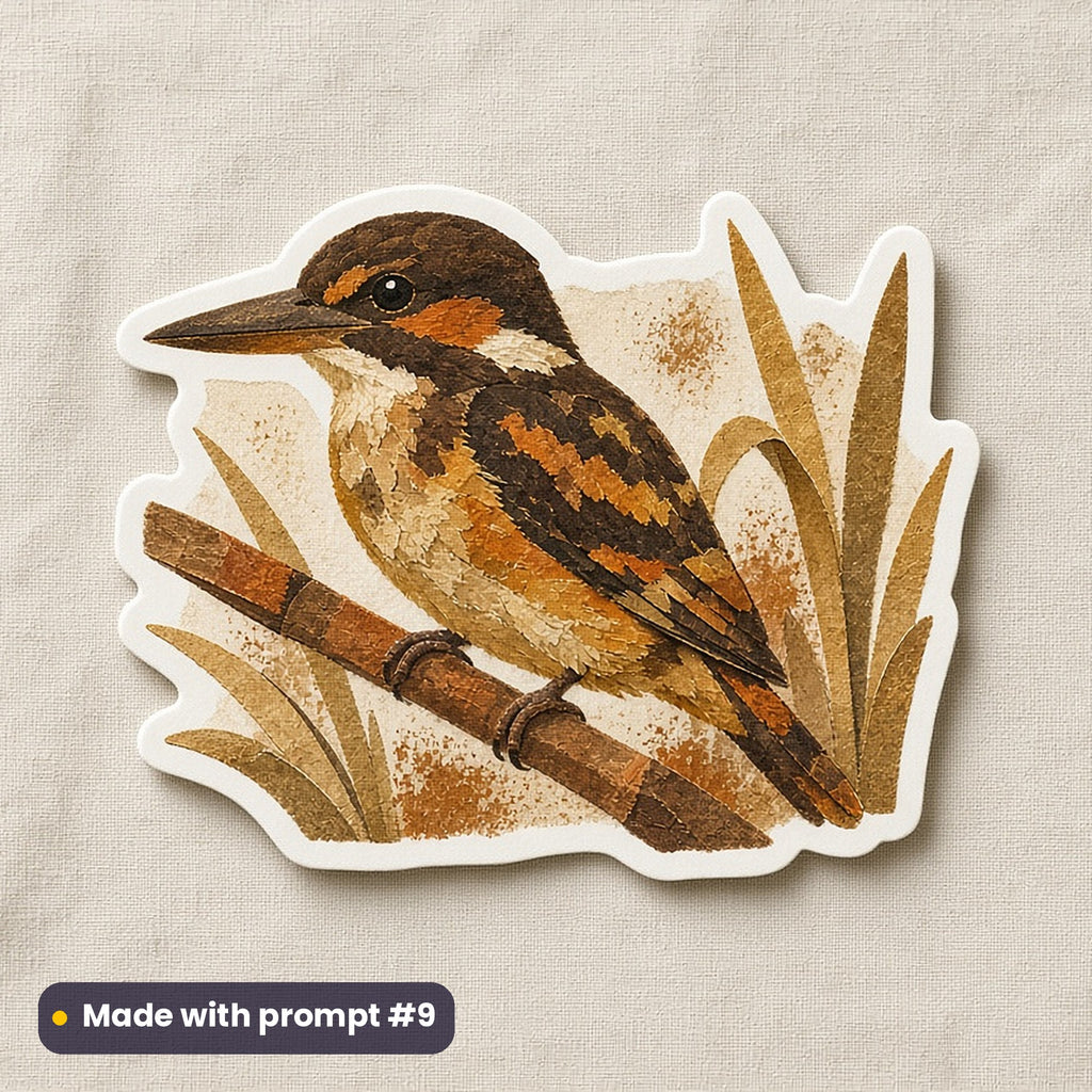 World Environment Day artwork printed on a die-cut vinyl sticker: kingfisher on a reed, handcrafted clay illusion style, made with prompt #9 from this pack