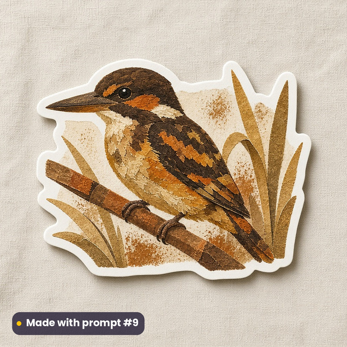 World Environment Day artwork printed on a die-cut vinyl sticker: kingfisher on a reed, handcrafted clay illusion style, made with prompt #9 from this pack