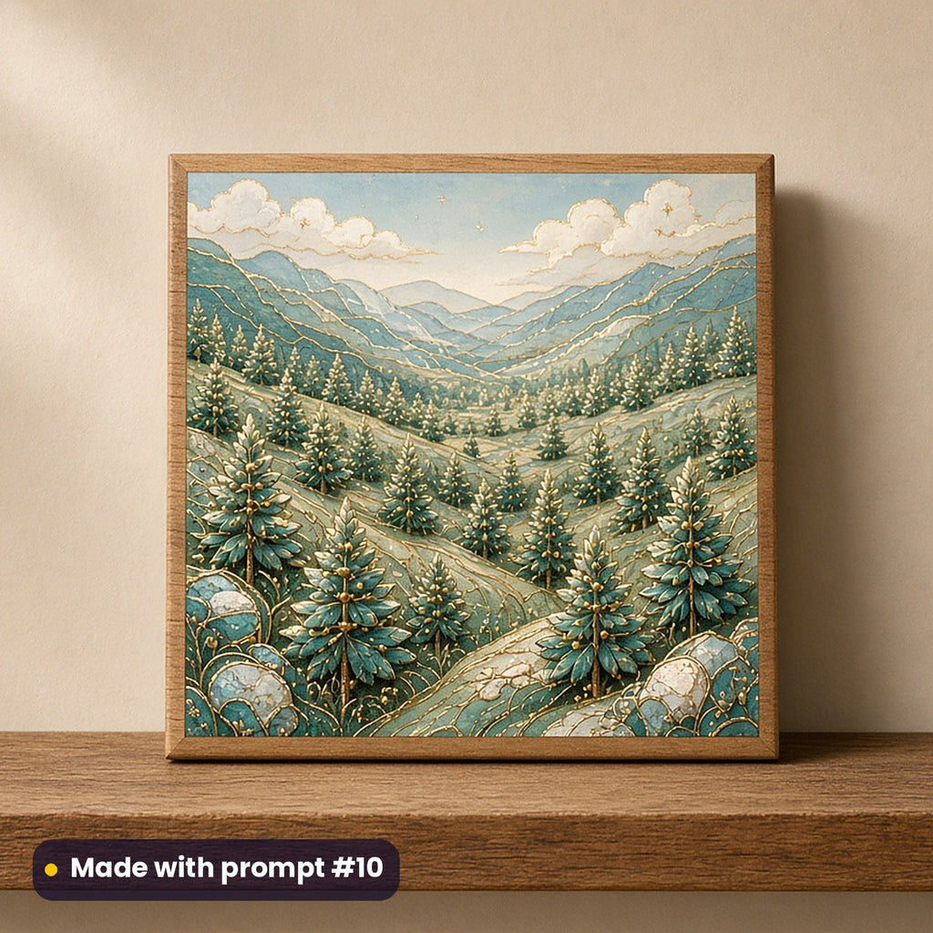World Environment Day artwork printed on a UV-printed wooden plaque: reforested hillside of young trees, luxury enamel & gemstone style, made with prompt #10 from this pack