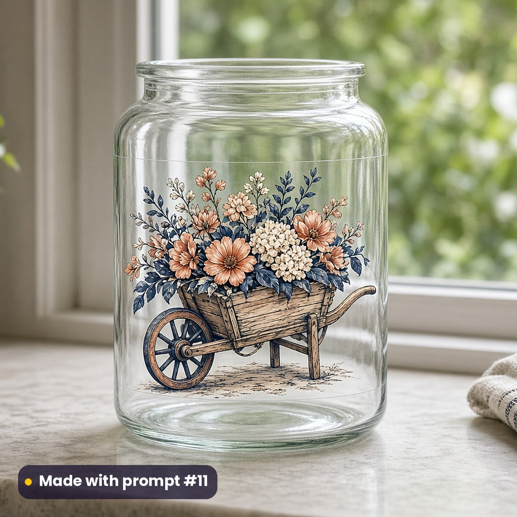 World Environment Day artwork printed on a UV DTF decal on glass: antique wooden wheelbarrow of flowers, luxury porcelain style, made with prompt #11 from this pack
