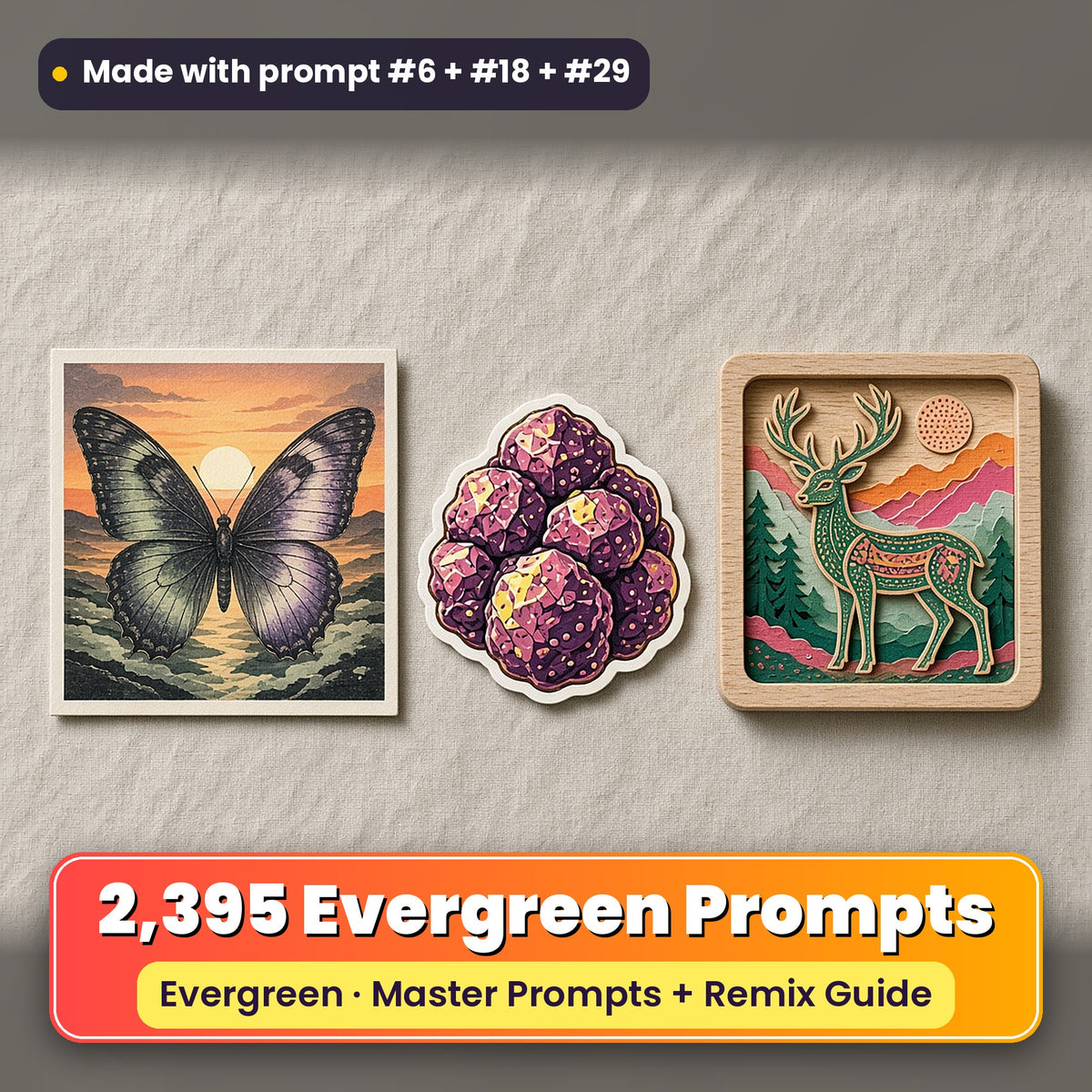 June Evergreen prompt library: 2,395 master prompts + Remix Guide, with a UV-printed greeting card, acrylic ornament and mug set made with prompts #6, #18 and #29