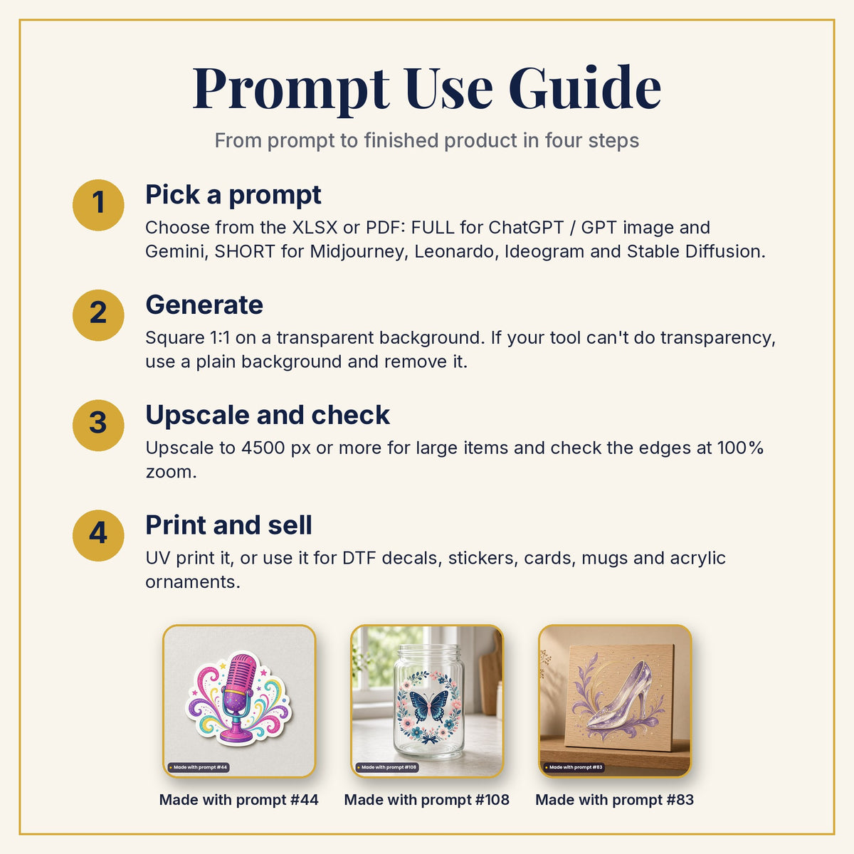 Prompt Use Guide: pick a prompt, generate, upscale and check, then print and sell, with example products made with prompts #44, #108 and #83