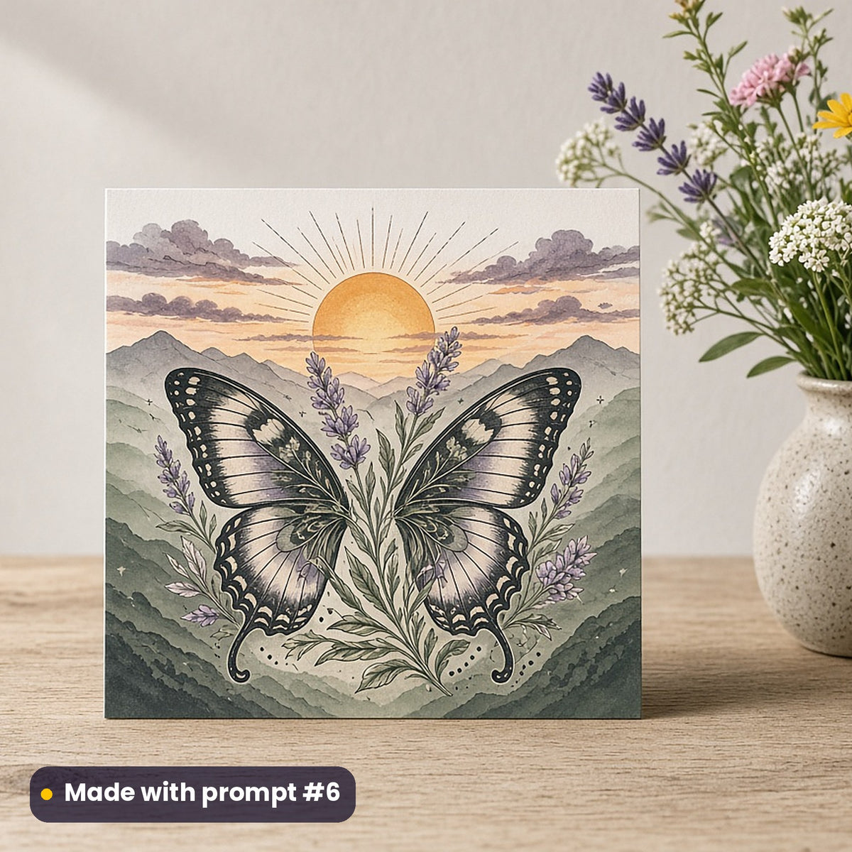 Seasons & Woodland artwork printed on a flat-printed greeting card: sunset butterfly wings, contemporary tattoo style, made with prompt #6 from this pack