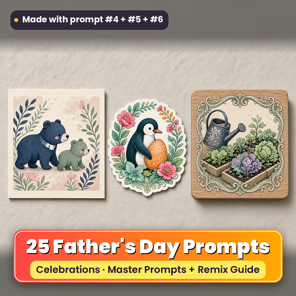 Father's Day prompt pack: 25 master prompts + Remix Guide, with a UV-printed greeting card, acrylic ornament and mug set made with prompts #4, #5 and #6