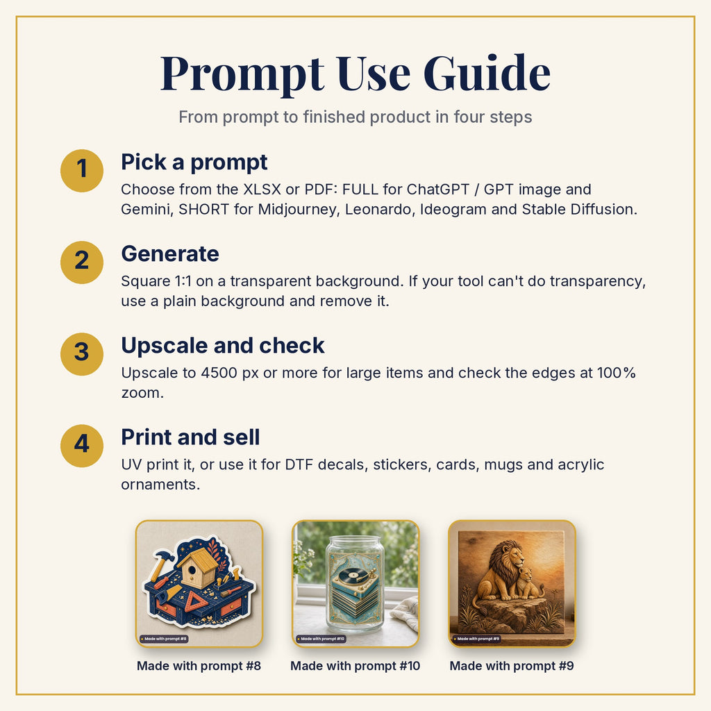 Prompt Use Guide: pick a prompt, generate, upscale and check, then print and sell, with example products made with prompts #8, #10 and #9