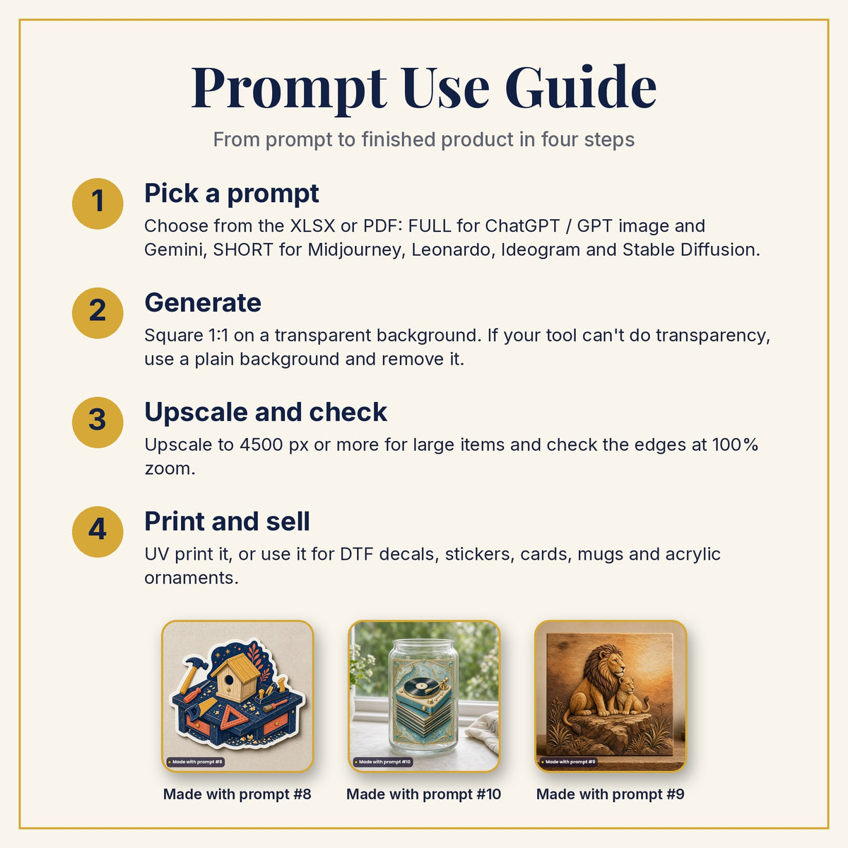 Prompt Use Guide: pick a prompt, generate, upscale and check, then print and sell, with example products made with prompts #8, #10 and #9