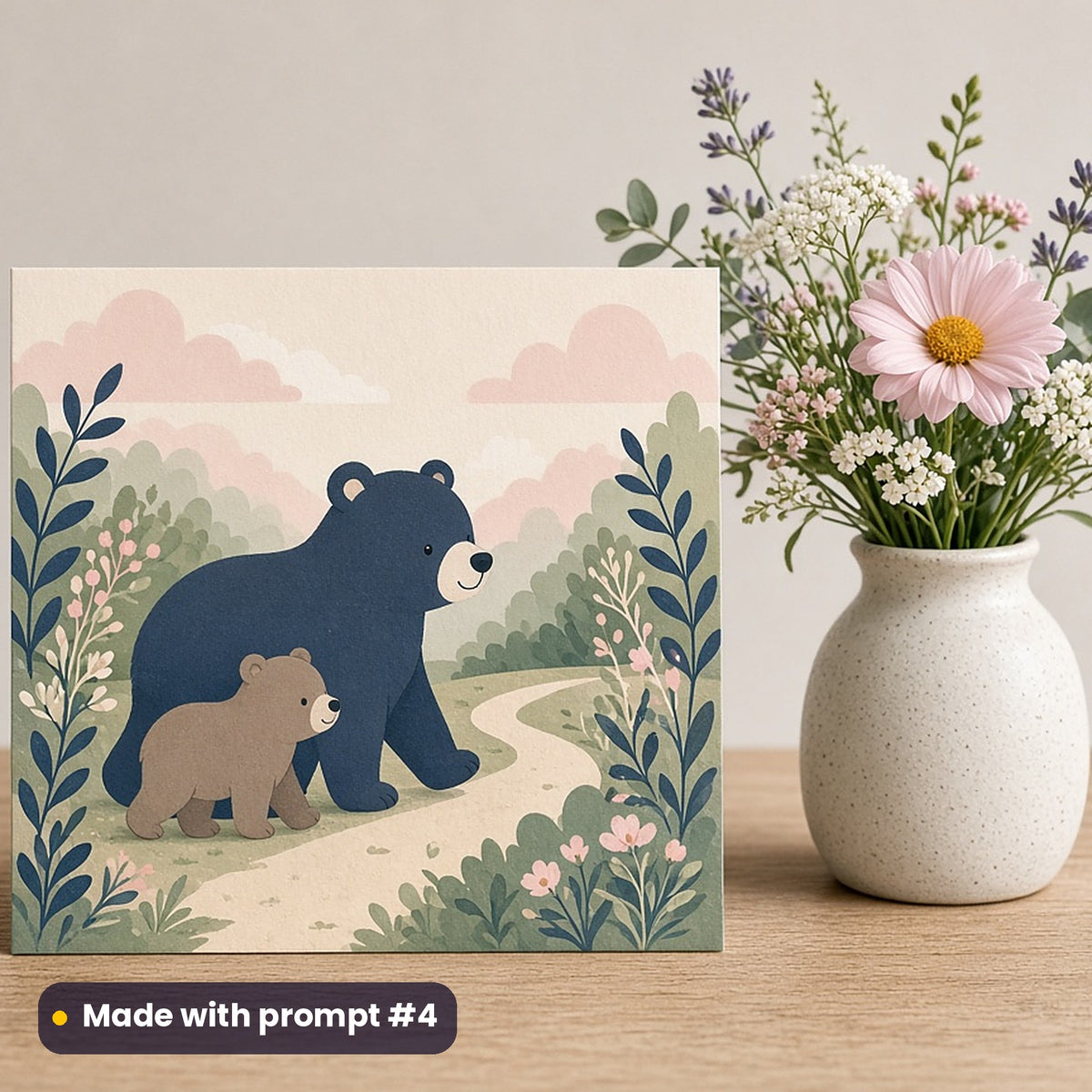 Father's Day artwork printed on a flat-printed greeting card: father and cub bear walking together, cute kawaii style, made with prompt #4 from this pack