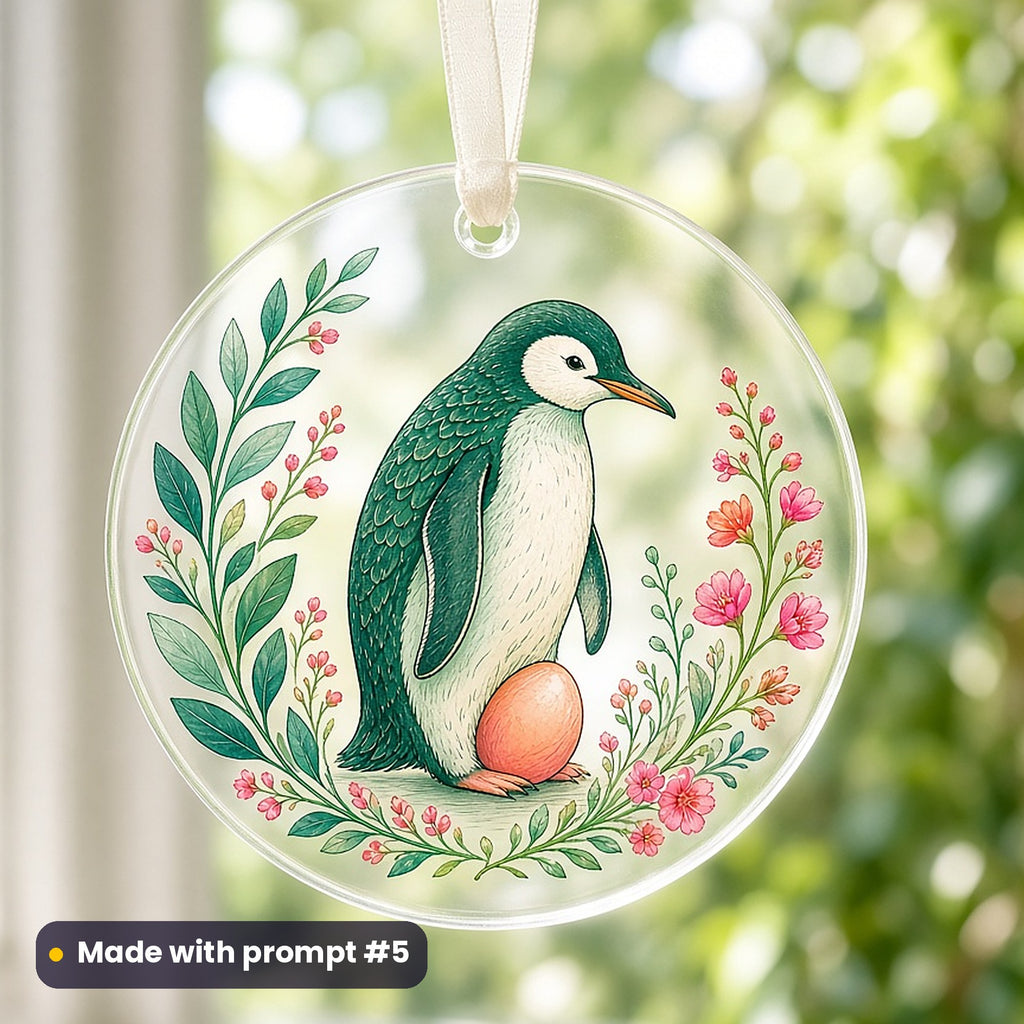 Father's Day artwork printed on a UV-printed clear acrylic ornament: penguin father warming an egg, elegant line & floral style, made with prompt #5 from this pack