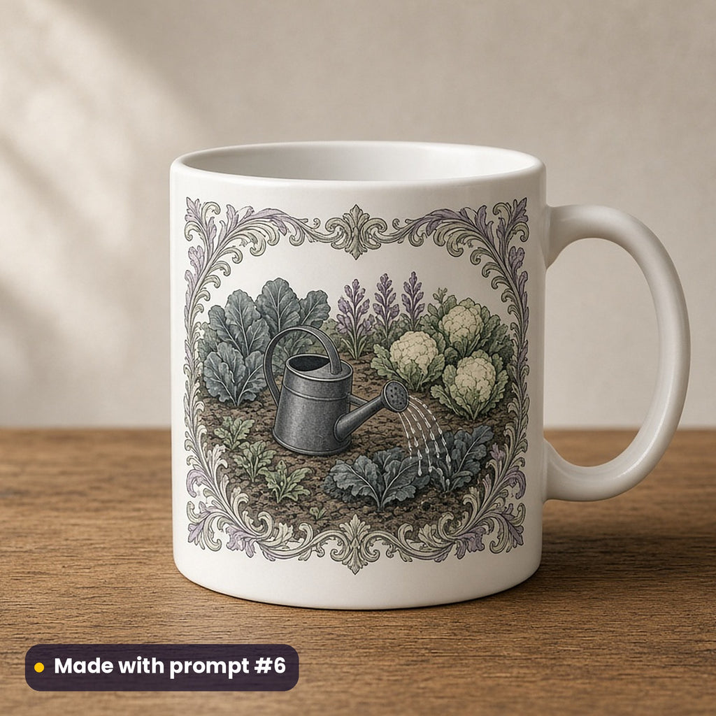 Father's Day artwork printed on a UV-printed ceramic mug: vegetable patch with a watering can, fantasy heraldic style, made with prompt #6 from this pack