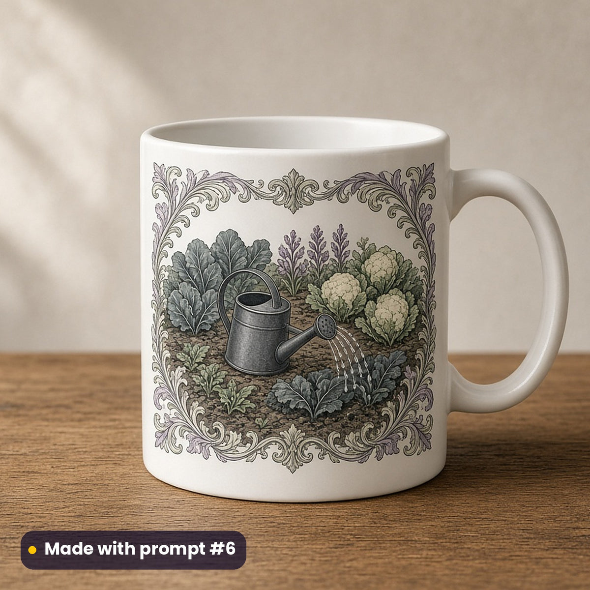 Father's Day artwork printed on a UV-printed ceramic mug: vegetable patch with a watering can, fantasy heraldic style, made with prompt #6 from this pack