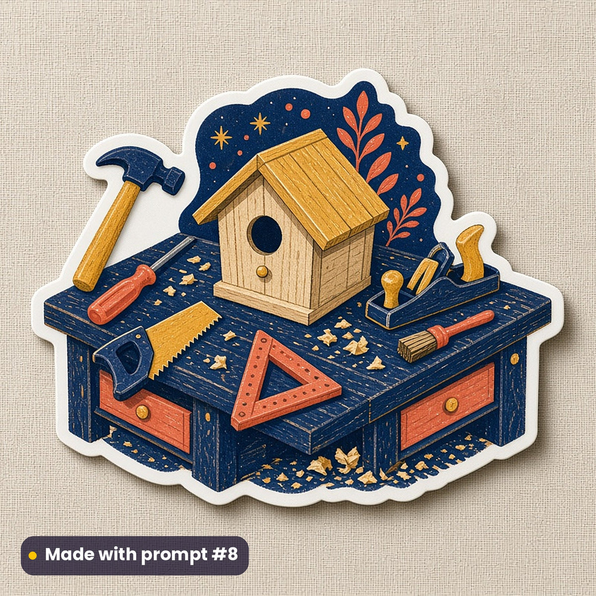 Father's Day artwork printed on a die-cut vinyl sticker: workbench with a half-made birdhouse, folk art style, made with prompt #8 from this pack