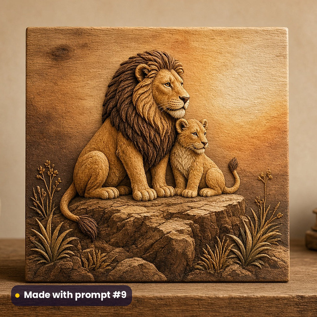 Father's Day artwork printed on a UV-printed wooden plaque: lion and cub on a rock, handcrafted clay illusion style, made with prompt #9 from this pack