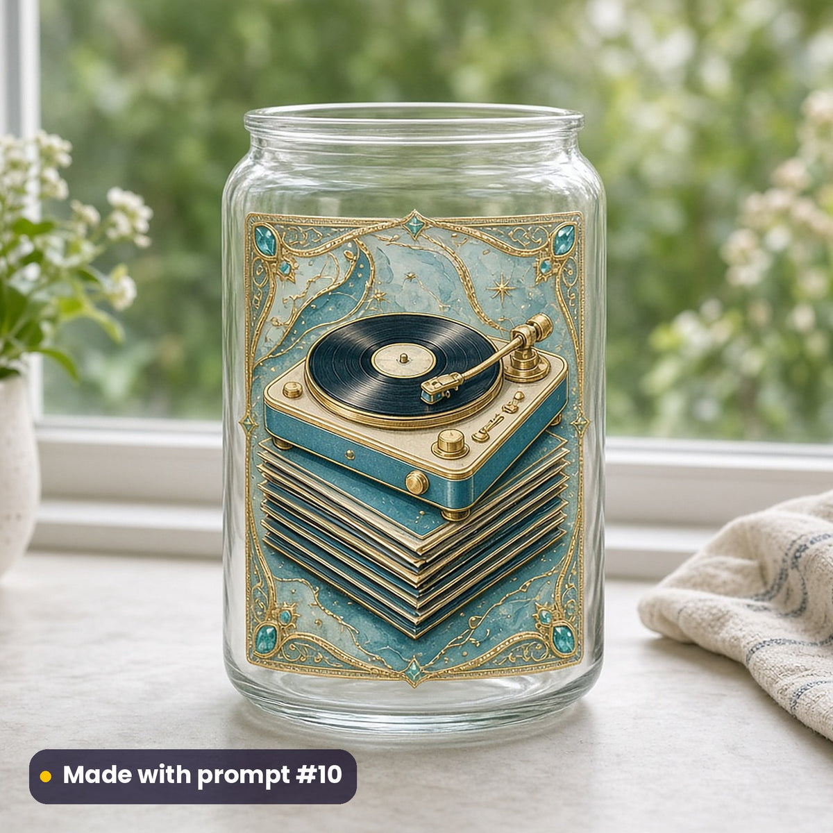 Father's Day artwork printed on a UV DTF decal on glass: record player with a stack of vinyl, luxury enamel & gemstone style, made with prompt #10 from this pack