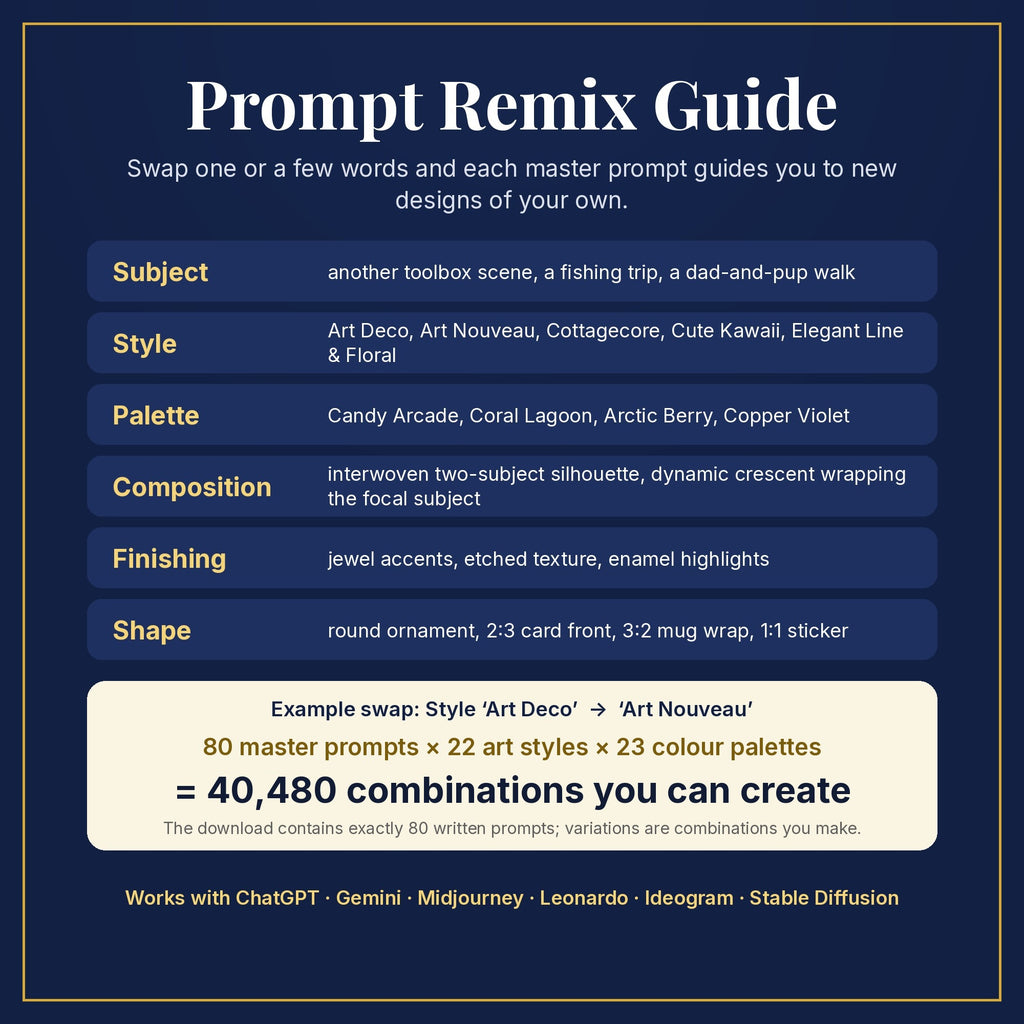 Prompt Remix Guide: swap subject, style, palette, composition, finishing and shape; 80 master prompts × 22 styles × 23 palettes = 40,480 combinations you can create