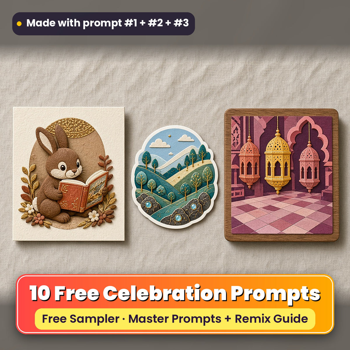 Worldwide Celebrations Free Prompt Sampler prompt pack: 10 master prompts + Remix Guide, with a UV-printed greeting card, acrylic ornament and mug set made with prompts #1, #2 and #3