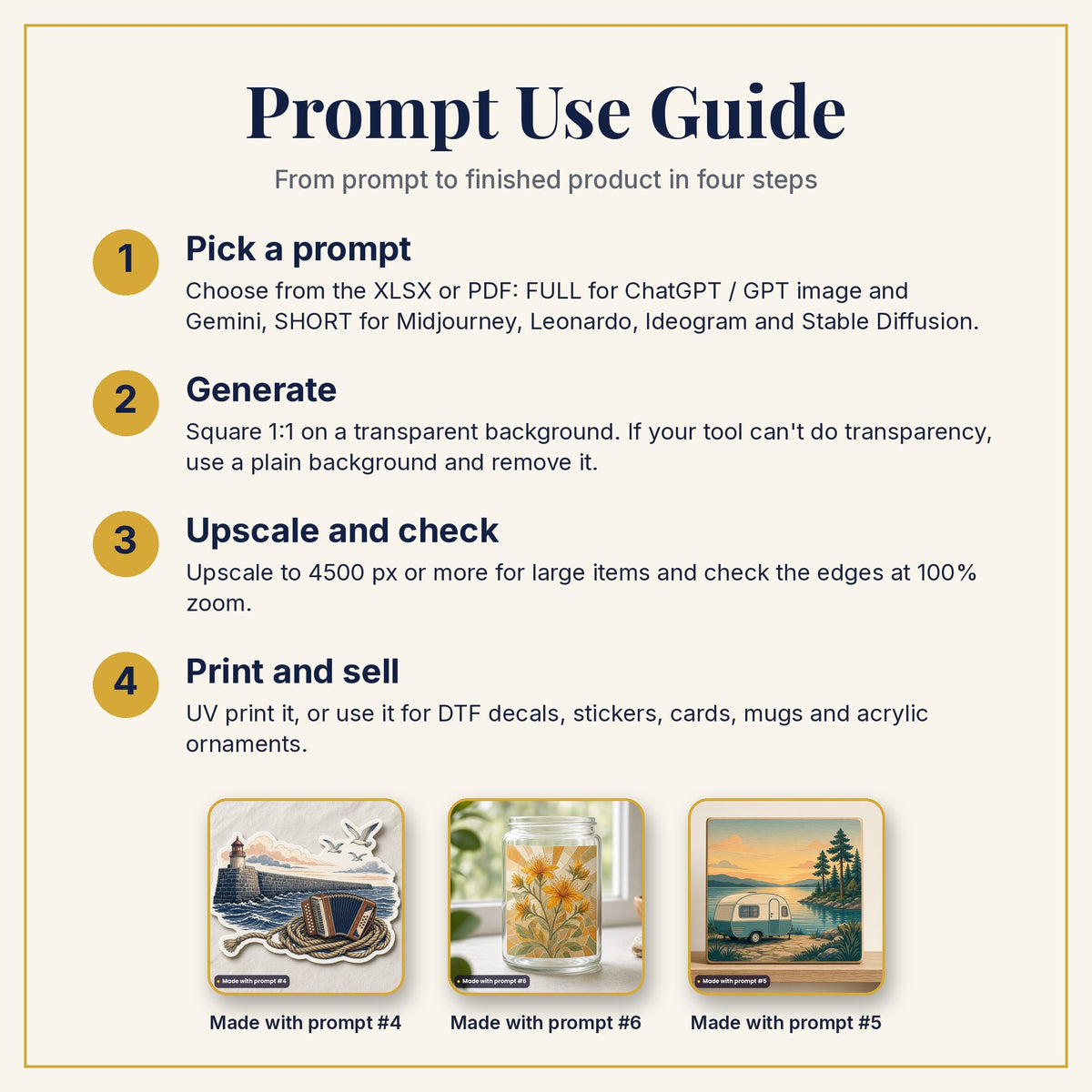 Prompt Use Guide: pick a prompt, generate, upscale and check, then print and sell, with example products made with prompts #4, #6 and #5