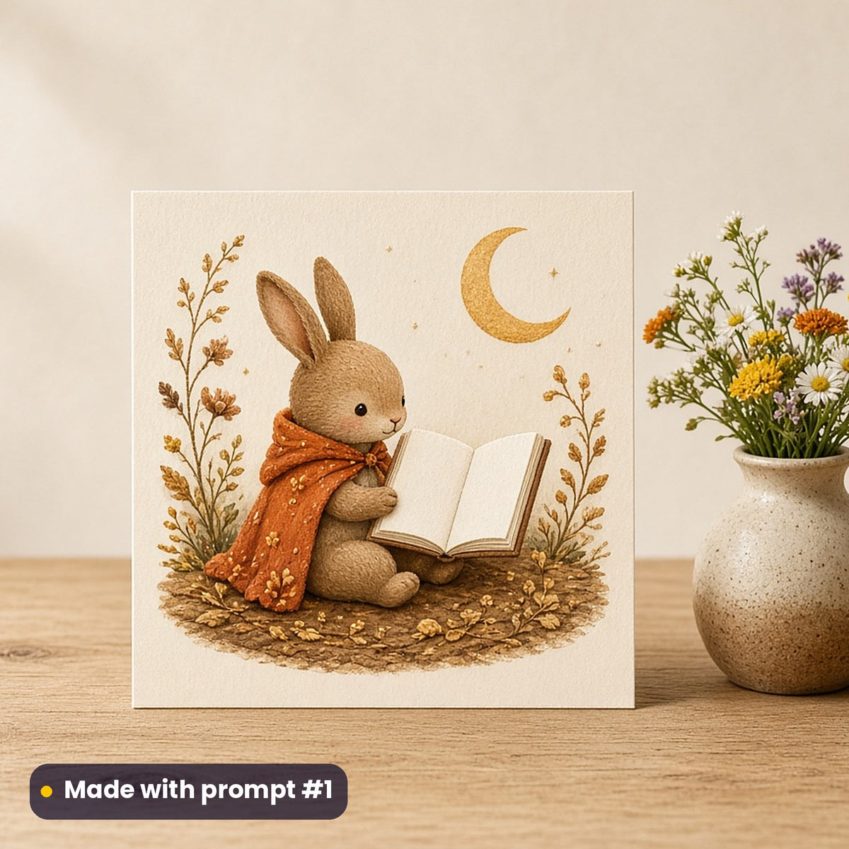 International Children's Day artwork printed on a flat-printed greeting card: cute bunny reading a picture book, handcrafted clay illusion style, made with prompt #1 from this pack