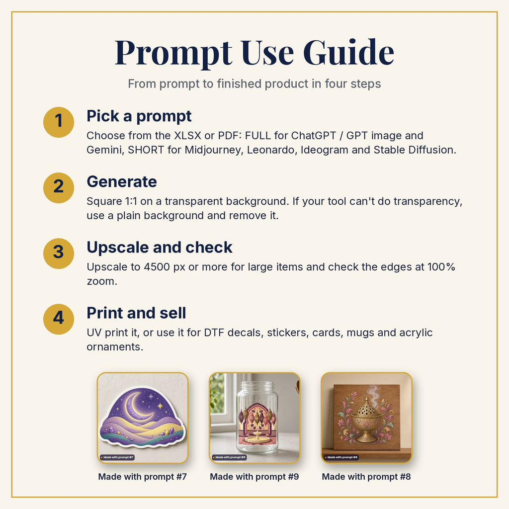 Prompt Use Guide: pick a prompt, generate, upscale and check, then print and sell, with example products made with prompts #7, #9 and #8
