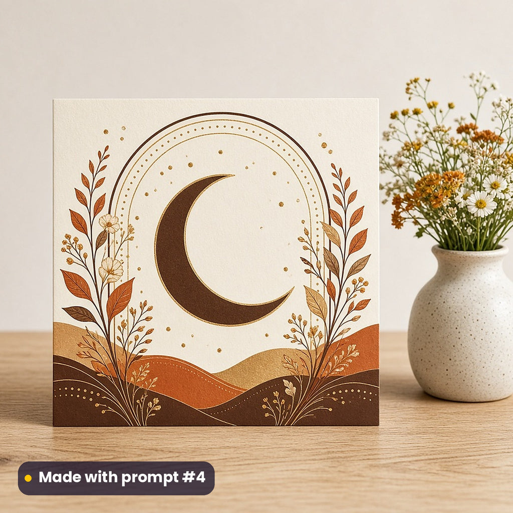 Islamic New Year artwork printed on a flat-printed greeting card: crescent moon framed by geometric arches, elegant line & floral style, made with prompt #4 from this pack